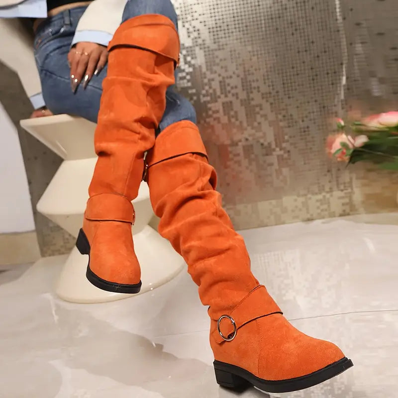 🎄Early Christmas Sale 55% Off❤️ Women's Buckle Belt Pull On Chunky Heel High Knee Boots, Winter Round Toe Slouchy Boots